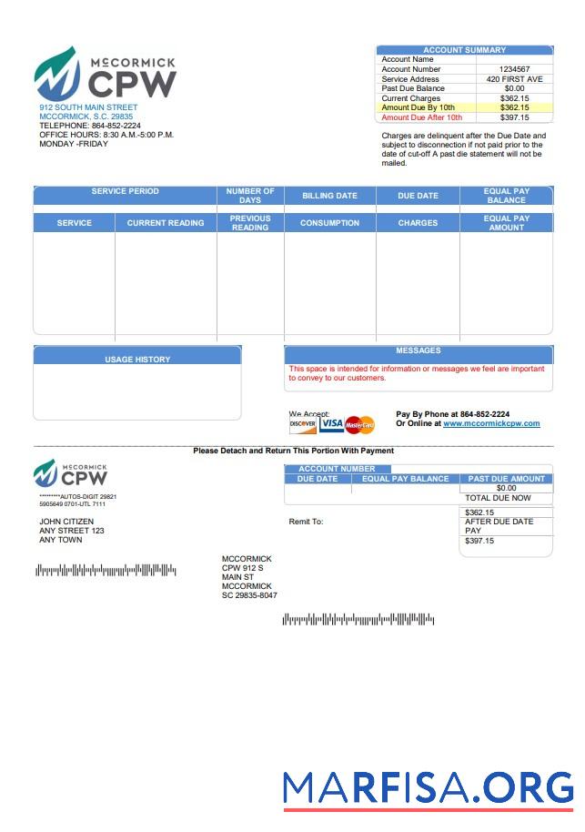 Downloadable USA CPW utility bill template in Word and PDF format